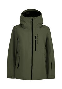 Olijfgroen waterdichte hooded jas met voor- en borstzakken met rits, een zwarte rits over de volle lengte en verstelbare polsbandjes.