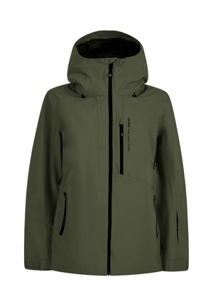Olijfgroen waterdichte hooded jas met voor- en borstzakken met rits, een zwarte rits over de volle lengte en verstelbare polsbandjes.