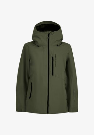 Olijfgroen waterdichte hooded jas met voor- en borstzakken met rits, een zwarte rits over de volle lengte en verstelbare polsbandjes.