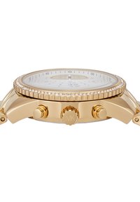 Montre chronographe en or avec un cadran texturé, des accents en cristal et trois poussoirs. Elle présente un cadran blanc et un design de boîtier rond.