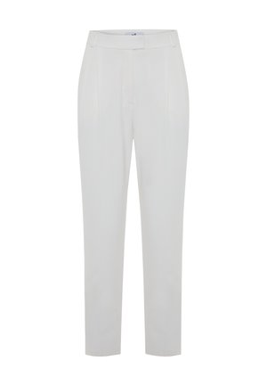 Bílé kalhoty na míru s hladkým povrchem, středně vysokým pasem, předními sklady a zúženým střihem nohavic. Obsahují boční kapsy.