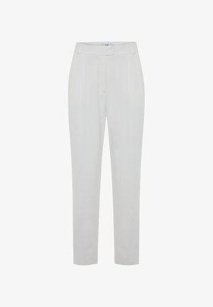 Pantaloni bianchi su misura con una finitura in tessuto liscia, vita media, pieghe frontali e design a gamba affusolata. Presentano tasche laterali.