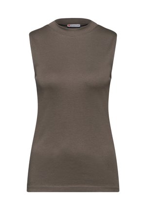 Haut sans manches marron en tissu doux et extensible. Présente un col haut et une silhouette ajustée, sans coutures ni ornements visibles.