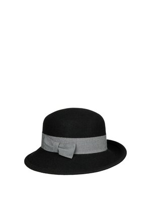 Black rounded cloche hat with a gray fabric band and bow detail around the crown.