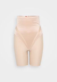 Beige høy midje shapewear-shorts med en glatt satiny tekstur, med mid-thigh lengde og samlet midtdetalj for komfort.