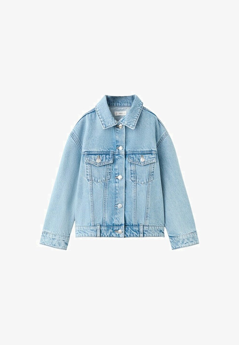 Svetlomodrá džínsová bunda s predným zapínaním na gombíky, dvoma náprsnémi klopovými vreckami, dlhými rukávmi a klasickým golierom.