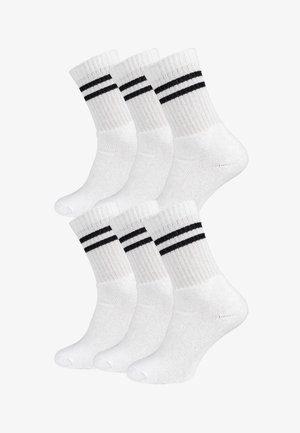 Five pairs of white cotton crew socks with ribbed tops featuring two black stripes. Socks have a smooth texture and rounded toes.