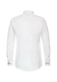 Weißes Langarmhemd mit klassischem Kragen, geradem Saum und schwarzen Knopfakzenten an den Bündchen für einen sauberen, formellen Look.
