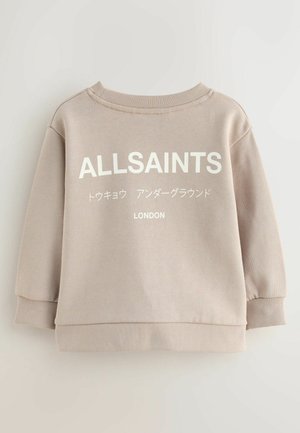 Bežna dukserica z rebrastimi manšetami in obrobo. Vsebuje bel napis: "ALLSAINTS," japonske znake in "LONDON." Mehak material in sproščen kroj.