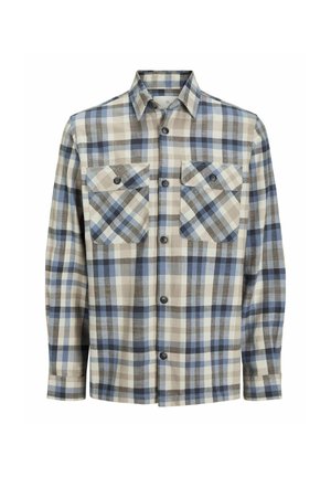 Camisa de cuadros en tonos de azul, beige y marrón. Presenta dos bolsillos en el pecho y botones, con cuello y mangas largas. Material de algodón.