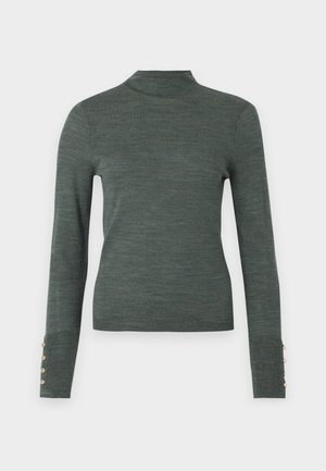 Dark green turtleneck sweater with long sleeves, featuring gold button accents at the cuffs and a smooth, lightweight texture.
