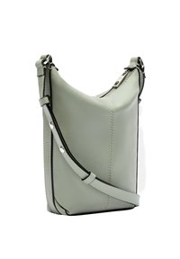 Hellgrünes Leder-Crossbody-Bag mit strukturierter Form, vorderem Reißverschluss, verstellbarem Riemen und kontrastierenden schwarzen Kantenverzierungen.