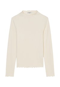 Gestreiftes Langarmoberteil in Off-White mit einem gewellten Ausschnitt und Saum. Hergestellt aus weichem Material, entworfen für eine figurbetonte Silhouette.