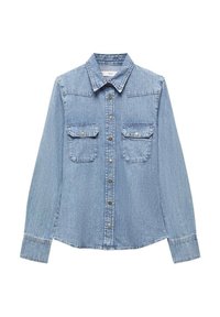Chemise en denim bleu clair à manches longues, avec fermeture boutonnée à l'avant, deux poches poitrine et un col classique. Présente des coutures contrastantes et un ourlet droit.