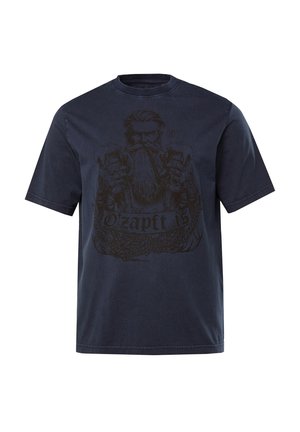 Námořnická modrá bavlněná tričko s tmavou grafickou ilustrací vousatého muže s pivními půllitry a nápisem "O'zapft is" pod ním.