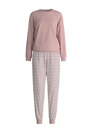 Maglia rosa chiaro a maniche lunghe e pantaloni da pigiama a righe. I pantaloni presentano sottili righe orizzontali in rosa, bianco e blu. Tessuto morbido con polsini a coste.