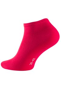 Calza alla caviglia rossa realizzata in materiale morbido, con bordo a costine e punta arrotondata. Taglia indicata come 39-42 in lettere bianche.