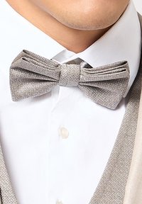 Nœud papillon gris texturé avec des plis, porté avec une chemise blanche à fermeture à boutons. Conçu pour une tenue formelle.