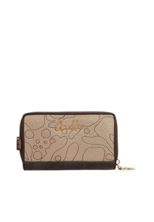 Portafoglio beige con trama, bordo marrone scuro, motivi astratti cuciti, logo dorato "Anekke" e cursore della cerniera dorato su sfondo bianco.