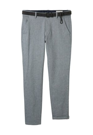 Pilki audiniai kelnės su juodu diržu, turinčios šonines kišenes ir sukurtas apvyniojimas. Audinys turi subtilią tekstūrą ir klasikinį siluetą.