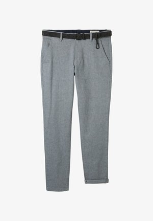 Pilki audiniai kelnės su juodu diržu, turinčios šonines kišenes ir sukurtas apvyniojimas. Audinys turi subtilią tekstūrą ir klasikinį siluetą.