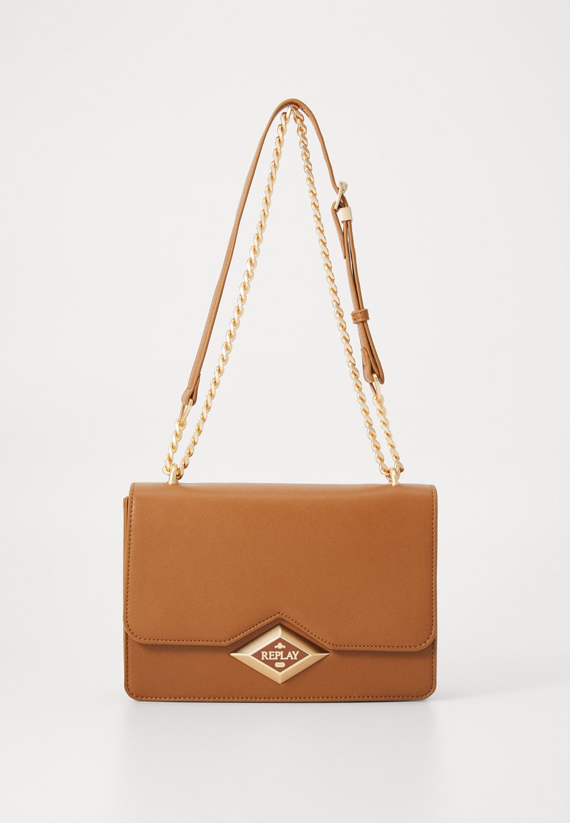 Brown faux leather handbag with a gold chain strap, diamond-shaped logo accent on the front, and a smooth texture.