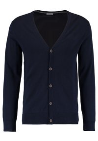 Navyblauer Langarm-V-Ausschnitt-Cardigan mit fünf vorderen Knöpfen sowie gerippten Bündchen und Saum.