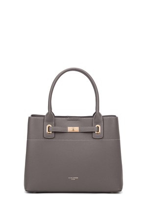 Gray synthetic leather handbag with dual handles, gold hardware accent, structured shape, and embossed logo at the base.