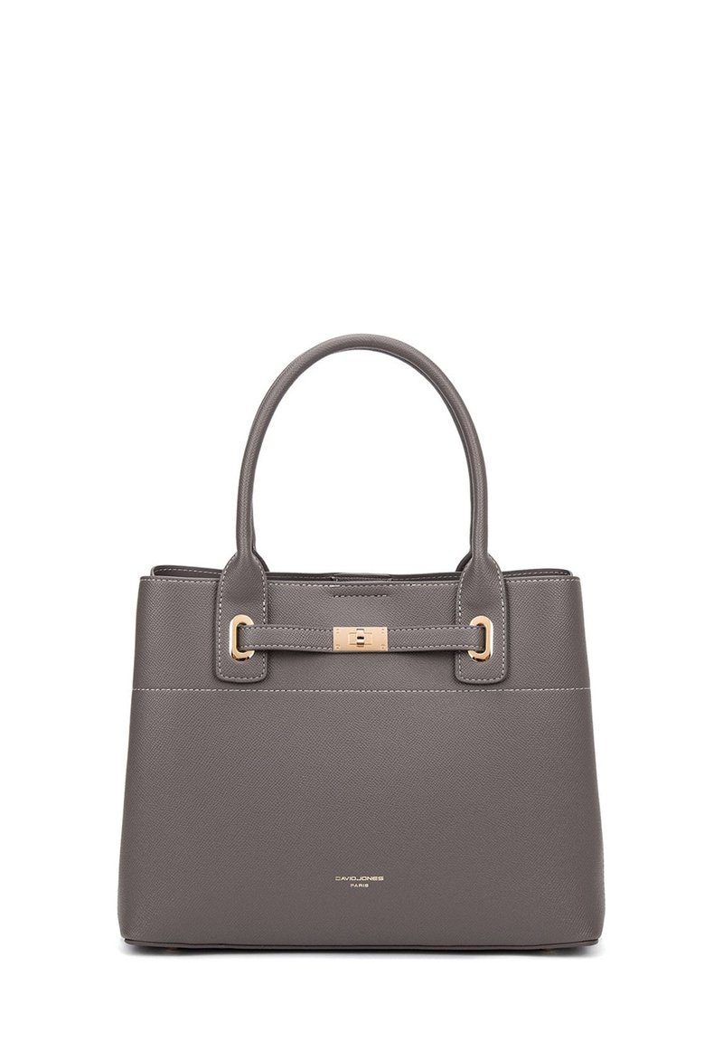 Sac à main en simili cuir gris avec doubles poignées, accents en métal doré, forme structurée et logo en relief à la base.