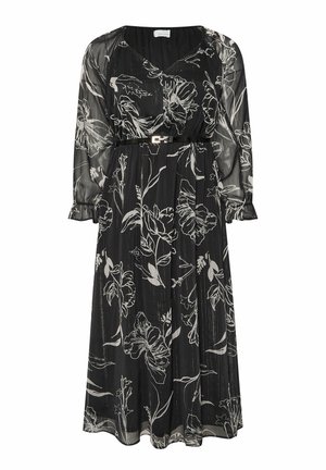 Zwart bloemenjurkje met lange doorschijnende mouwen, een V-halslijn en een geplooide taille met een zilveren accentriem, gemaakt van lichtgewicht stof.