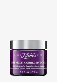 Vasetto di vetro viola con coperchio in metallo argento. L'etichetta presenta un testo bianco sulla parte anteriore, che indica "Crema Multi-Correttiva Super" con informazioni sulla capacità.