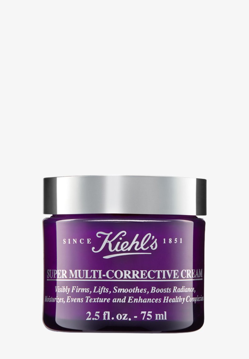 Vasetto di vetro viola con coperchio in metallo argento. L'etichetta presenta un testo bianco sulla parte anteriore, che indica "Crema Multi-Correttiva Super" con informazioni sulla capacità.