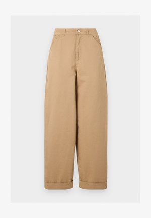 Beige, hoch taillierte, weit geschnittene Hose mit vorderen Taschen, Gürtelschlaufen, Knopfverschluss und umgeschlagenen Säumen.