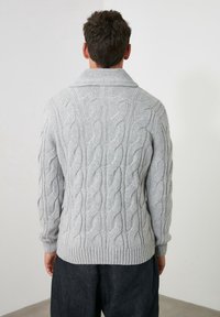 Ljust grå kabelstickad tröja med en bred krage, ribbade ärmslut och nederkant, med en texturerad design synlig på baksidan.