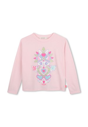 Lichtroze longsleeve met kleurrijke glinsterende kattengezichten, harten en veren, met de teksten "LOVE" en "SMILE" aan de voorkant.