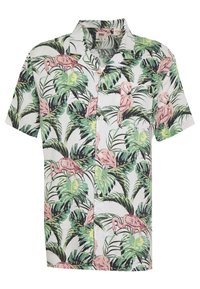 Camicia a maniche corte con bottoni in tessuto leggero, caratterizzata da un motivo di fenicotteri rosa e foglie tropicali verdi su uno sfondo bianco.