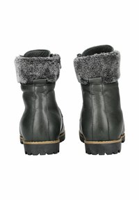 Bottes en cuir vert foncé avec un revers en fausse fourrure grise, semelles noires robustes et une texture lisse, avec un minimum de détails.