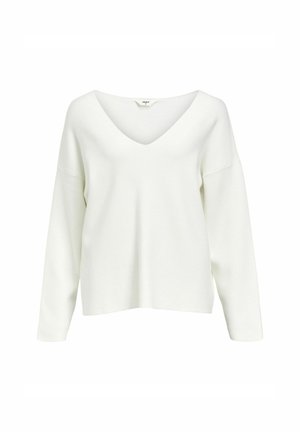 Witte top met lange mouwen, diepe V-hals, ontspannen pasvorm en zachte, gestructureerde stof. Eenvoudig ontwerp, zonder zichtbare patronen of accenten.