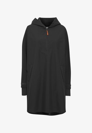 Mustat hupullinen tunika, jossa on puolivetoketju edessä, sivutaskut ja elastiset hihansuut. Valmistettu sileästä kankaasta, jossa on oranssi vetoketju.