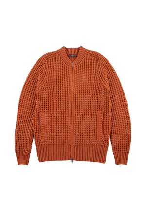 Cardigan de punto color óxido con un patrón texturizado, cierre de cremallera y dos bolsillos frontales. Presenta puños y dobladillo acanalados.