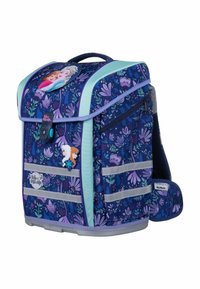 Zaino in tessuto viola con motivi floreali, dettagli blu, strisce riflettenti e toppe raffiguranti due principesse sul davanti.