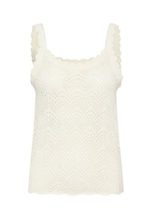 Biała dzianinowa top bez rękawów z kwadratowym dekoltem, falbaniastymi ramiączkami i teksturowanym wzorem w zygzak. Lekka i przewiewna konstrukcja, luźny krój.