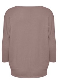 Pull ample mauve à manches longues avec poignets côtelés et une couture centrale dans le dos.