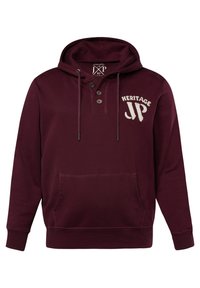 Felpa bordeaux con tasca a canguro frontale, bottoni a tre sul colletto e logo "HERITAGE JP" bianco sul petto. Materiale in cotone.