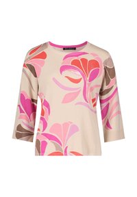 Sweater made of soft fabric, featuring a creamy beige background with large pink, red, and brown floral patterns. Round neck and three-quarter sleeves.