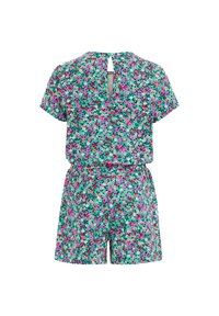 Květinový overal s krátkým rukávem, se zapínáním na klíčovou dírku na zádech. Barvy zahrnují tyrkysovou, růžovou a zelenou a je vyroben z lehkého materiálu.