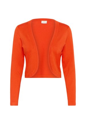 Cardigan scurt, de culoare portocalie strălucitoare, cu mâneci lungi. Design cu fața deschisă, textură netedă și fără închideri. Stil simplu și versatil.