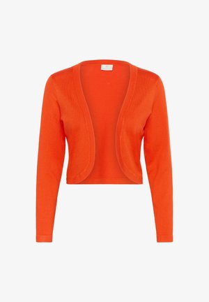 Helles Orange, verkürzter Cardigan mit langen Ärmeln. Offenes Frontdesign, glatte Textur und keine Verschlüsse. Einfacher, vielseitiger Stil.