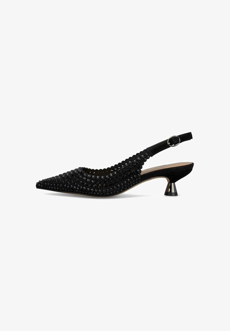 Chaussure slingback noir à bout pointu avec dessus texturé et perlé, talon conique bas et bride ajustable ; design épuré avec finition brillante.
