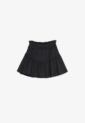 Schwarzer, taillierter Minirock aus weichem Stoff mit Rüschendetails entlang der Taille und des Saums, mit einem ausgestellten Design und elastischem Bund.